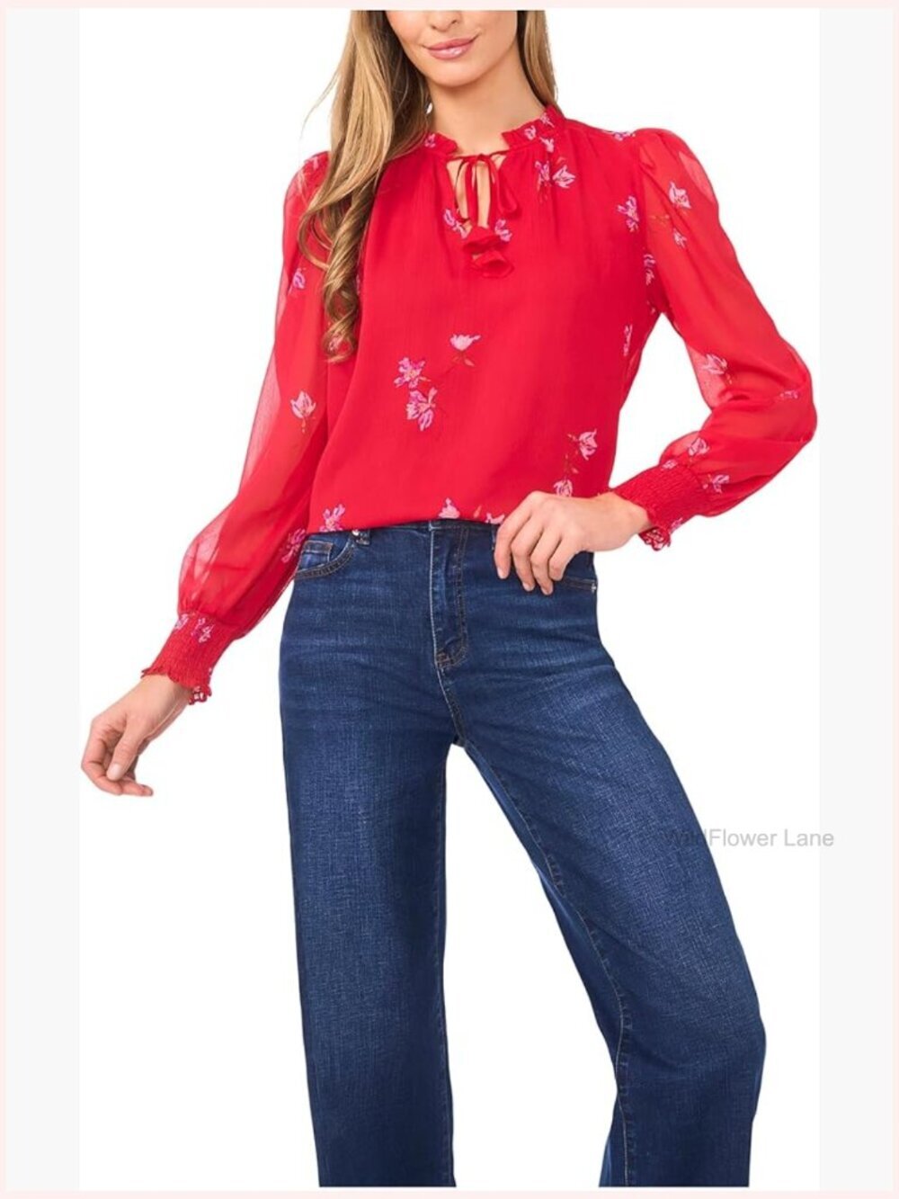 Smocked Cuff Ruffle Tie Neck Blouse Long Sleeve Floral Print